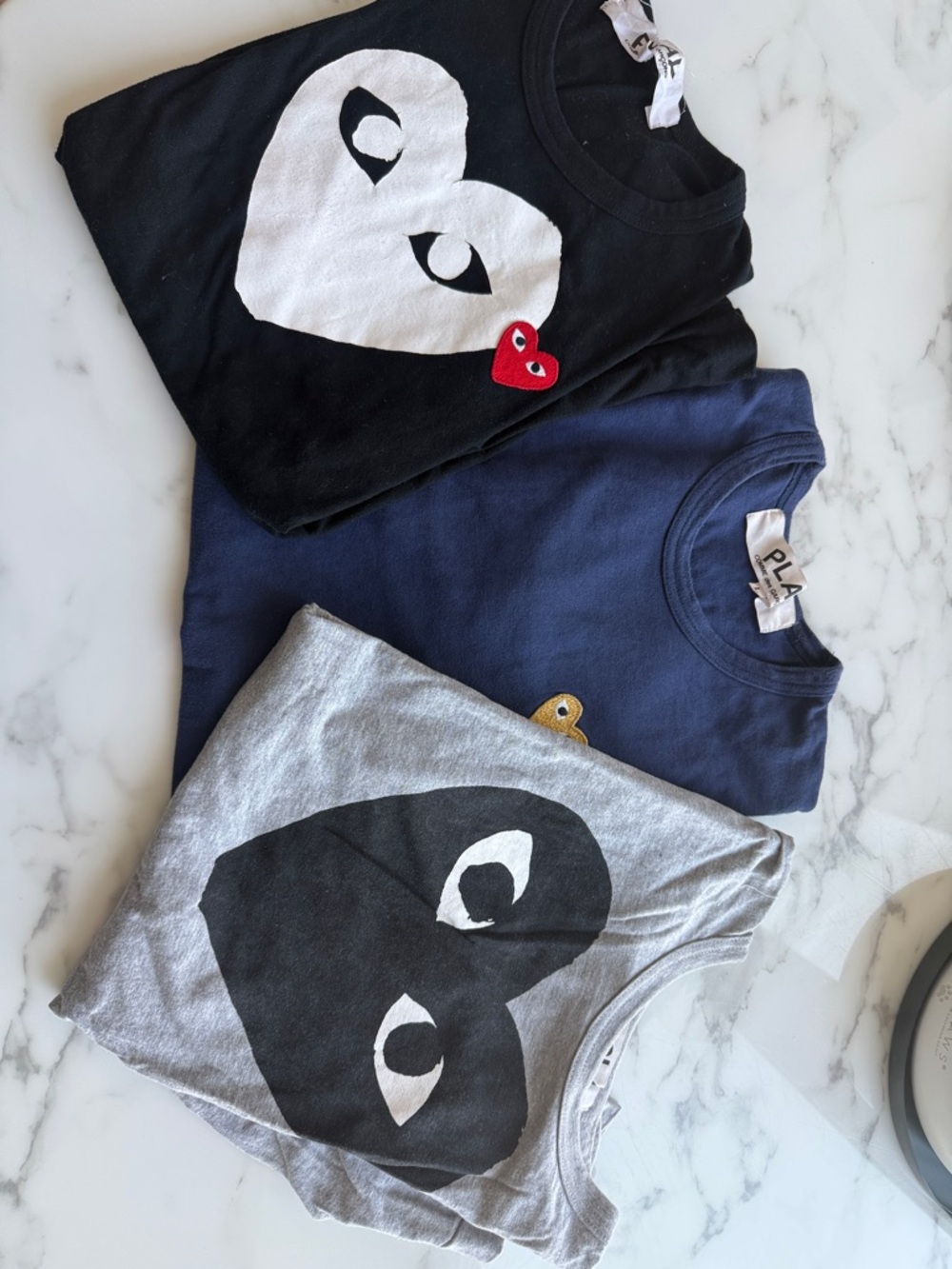 Comme des Garcons PLAY Black, Navy & Gray Heart Logo Short Sleeve Tees